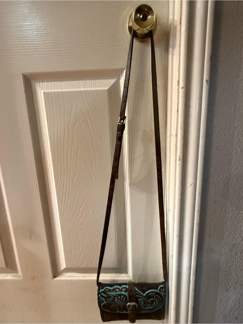 Patricia Nash Turquoise and Brown Tooled Leather Crossbody Bag